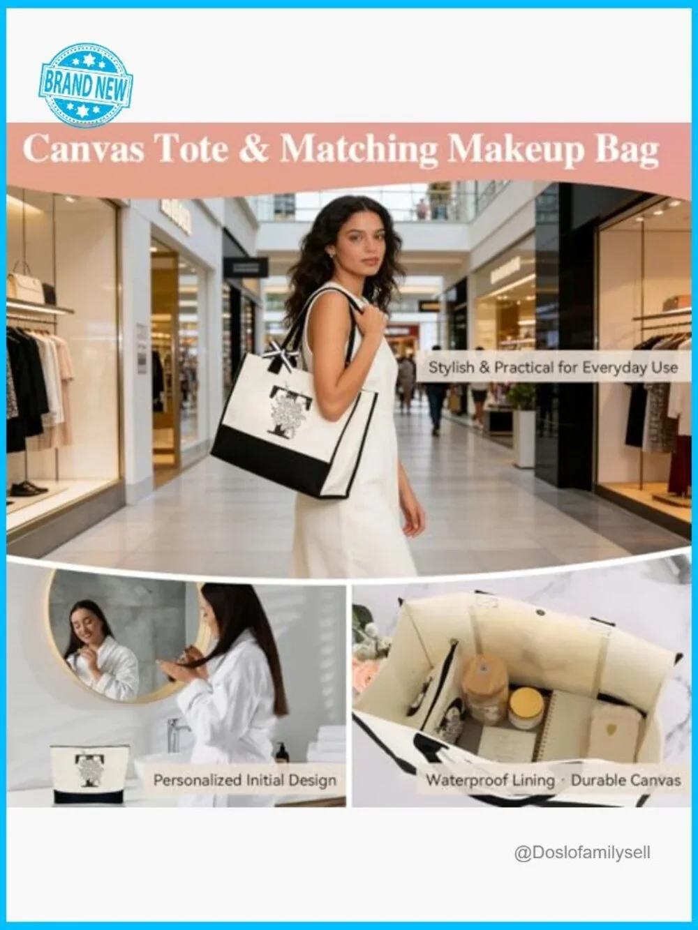 Monogrammed Initial Tote Bag Gift Set for Women - 7 Piece Set